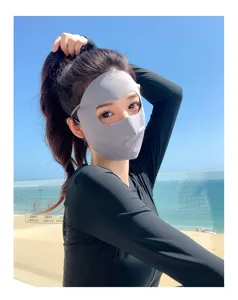 Detail view of the breathable sun protection face mask worn outdoors, UV blocking design.