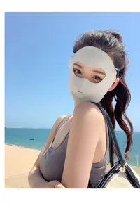 Detail view of the breathable ice silk sun protection face mask worn outdoors now.