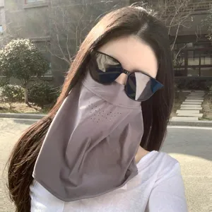 Full-face sun protection mask with neck cover for women, UV protection in light grey