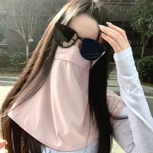 Pink full-face sun protection mask for women with neck coverage and breathable holes