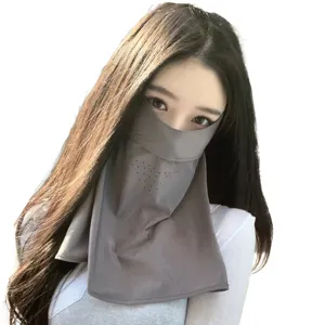 Stylish women's full-face and neck sun protection mask in grey for summer UV shield