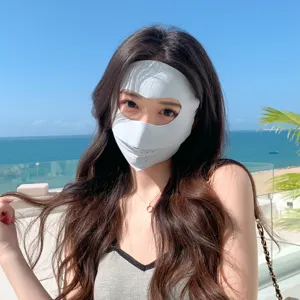 Ice silk UV protection face mask for women, breathable full face sun shield and eye corner cover.