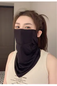 Close-up of breathable black mesh sun protection face mask with neck coverage for women