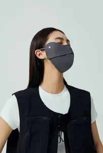 Side view of model wearing a grey ice-feel sun protection mask with UV shield