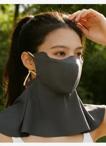Detailed shot of dark grey 3D sun protection face mask with neck guard for women outdoor.