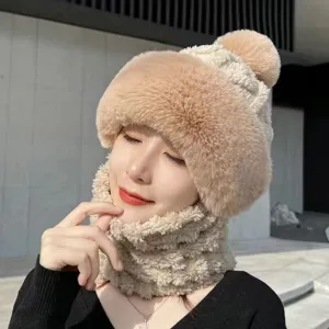 Macro view showing the soft fleece texture of this beige winter hat and neck warmer set.