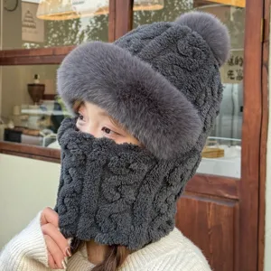 Women's winter knit hat with integrated fleece face mask and neck warmer for cycling