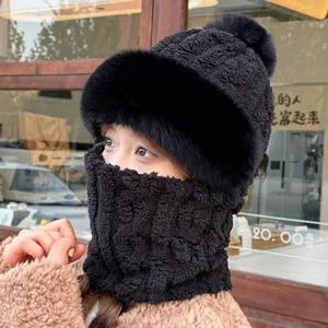 Women's black winter fleece-lined hat with integrated face mask and neck warmer