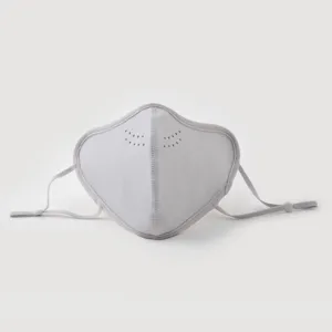 Detail view of grey thick fleece windproof face mask, showing breathable holes and design.