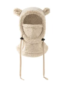 Cute bear ear plush warm winter balaclava integrated windproof face mask hat details view
