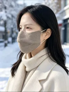 3D wool mask detail close-up, winter warm face cover, stylish khaki cozy cold-proof accessory.