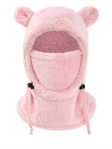 Cute pink fleece balaclava winter warm bear ear hat with integrated face mask and drawstrings.