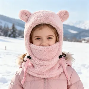 Cute pink plush bear ear winter warm hat and scarf set for kids windproof outdoor skiing gear