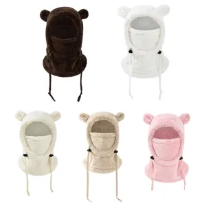 Cute baby winter warm bear ear balaclava hat windproof fleece face mask hood for kids
