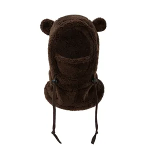 Cute brown bear ear fleece balaclava winter warm windproof kids hat and scarf set.