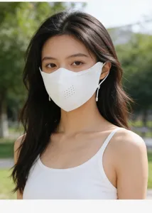 Close-up view of a white breathable ice silk sun protection mask worn by a female model outdoors