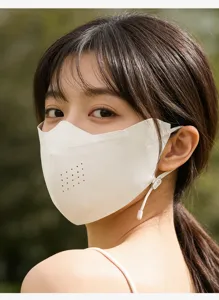 Close-up of a white ice silk sun mask featuring breathable holes on an Asian model