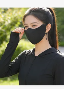 Close-up of black ice silk sun protection mask with UV protection on model.