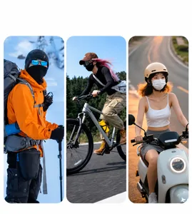 Outdoor sports scenario showing breathable face mask in skiing, cycling and riding use.