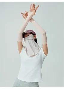 Breathable sun protection face mask and UV blocking sleeves set for women outdoor summer wear detail.