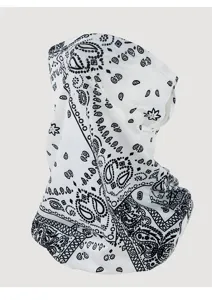 Close-up of white ice silk neck gaiter with black paisley pattern and breathing holes.