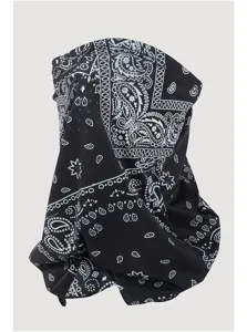 Detailed macro view of black paisley ice silk breathable neck gaiter for sun protection