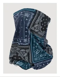 Close-up of breathable neck gaiter with blue paisley pattern for outdoor sun protection.