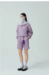 Women's outdoor sun protection sportswear set with jacket, shorts, and face cover in lilac.