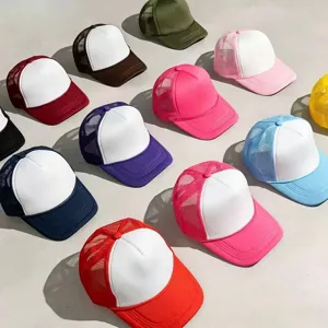 Unisex mesh trucker cap with white foam front panel, breathable casual baseball hat.