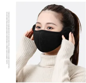 Detailed view of a black windproof 2-in-1 thermal mask and earmuff worn by a female model
