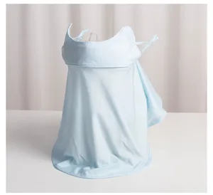 Light blue ice silk face sun protection shield detail, breathable neck cover for outdoor.