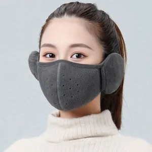 Close-up detail of grey fleece 2-in-1 winter face mask with earmuffs worn by model