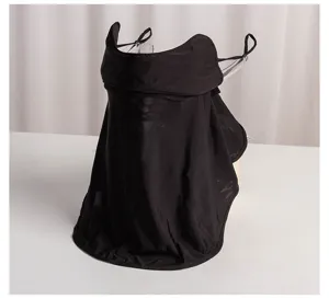 Detail view of the black full face sun protection mask, ice silk neck guard for outdoor riding.