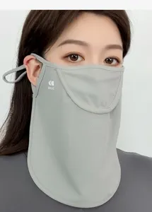Close-up of breathable mesh sun protection face mask with neck drape in grey color.