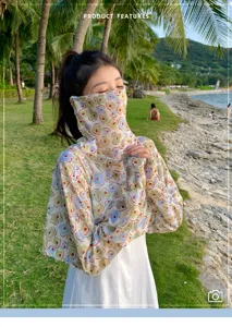 Détail de châle de protection solaire en soie de glace avec masque floral respirant et cou.