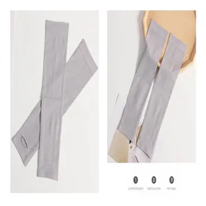 Light gray cooling ice silk sun protection arm sleeves with convenient thumb hole detail