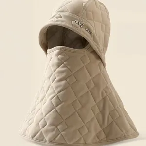 Beige quilted winter balaclava hood with integrated windproof face mask and neck gaiter