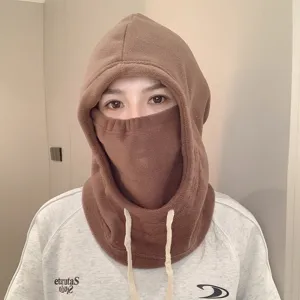Cagoule d'hiver marron en polaire épaisse avec masque facial coupe-vent intégré