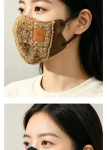 Mascarilla facial de felpa calida detalle, comoda proteccion de invierno a prueba de viento.
