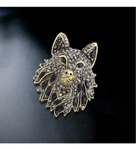 Detailed view of a vintage wolf head brooch featuring grey rhinestones and blue eyes.