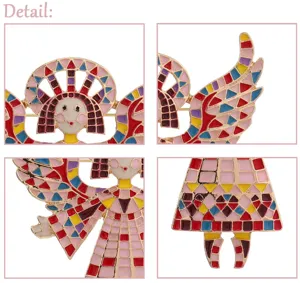 Detailed close-up views showing the colorful enamel finish of this vintage angel brooch