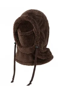 Détail de la cagoule thermique en peluche marron épaisse avec cordon de serrage réglable