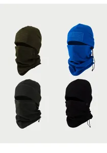 Detailed view of winter fleece balaclava with windproof design, adjustable drawstring.