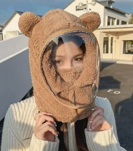 Close-up of cute bear ear winter hood with clear anti-fog face shield