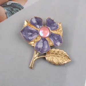 Vintage Luxury Cherry Blossom Brooch Purple Enamel Pink Cat Eye Stone Gold Plated Alloy Flower Pins For Women Jewelry Gift