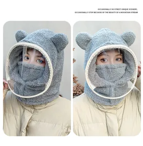Detail view of winter fleece hood with bear ears and detachable anti-fog face shield
