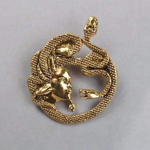 Dettaglio ravvicinato della spilla Medusa dorata con un intricato design di serpenti