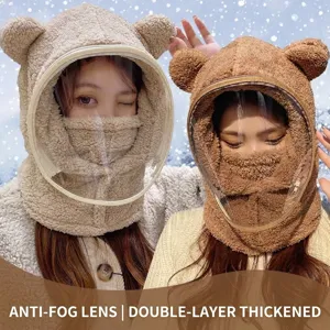 Winter fleece bear ear hat with transparent anti-fog face shield for women windproof