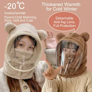 Cute bear ears winter windproof hood hat with a detachable anti-fog face shield
