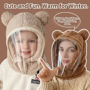 Cute bear ear winter windproof hat with anti-fog face shield and fleece neck gaiter
